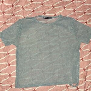 Melville Sparkly Sheer Metallic Short Sleeve Top